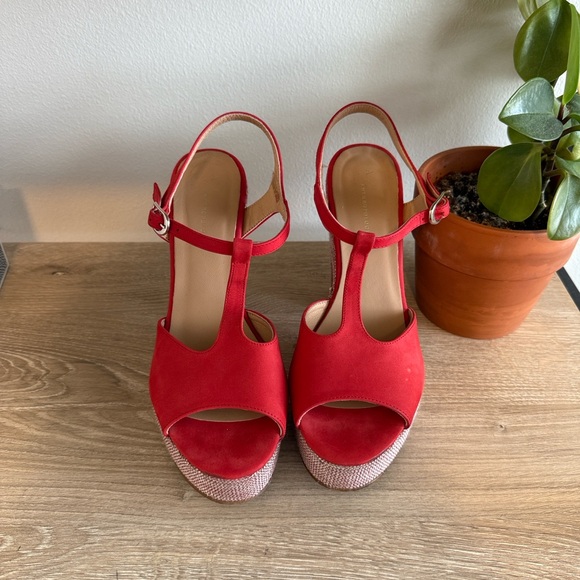 Anthropologie | Shoes | Anthropologie Glitz Tstrap Platform  Anthropologie Glitz T-Strap Red Suede Platform Block Heels, 9.5